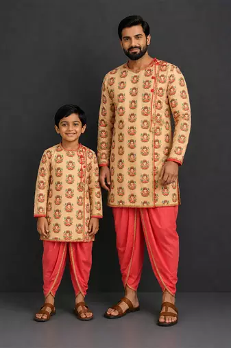 Gold printed cotton silk father son dhoti kurta combo set