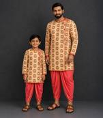 Gold printed cotton silk father son dhoti kurta combo set