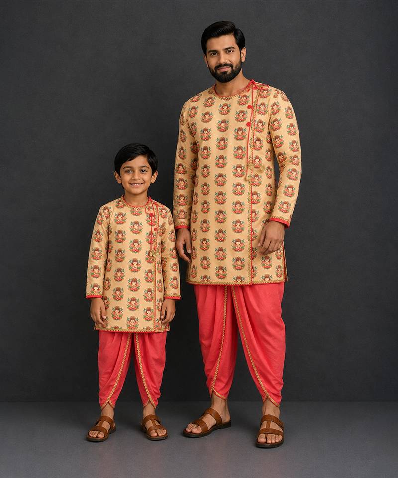 Gold printed cotton silk father son dhoti kurta combo set