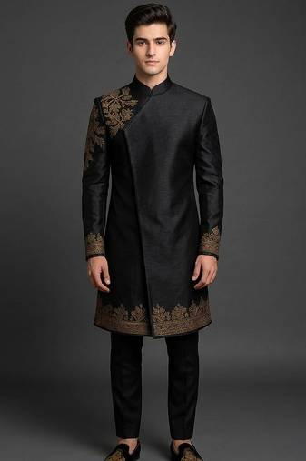 Black silk indo sherwani set for men's