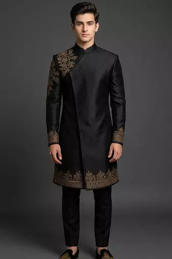 Black silk indo sherwani set for men's