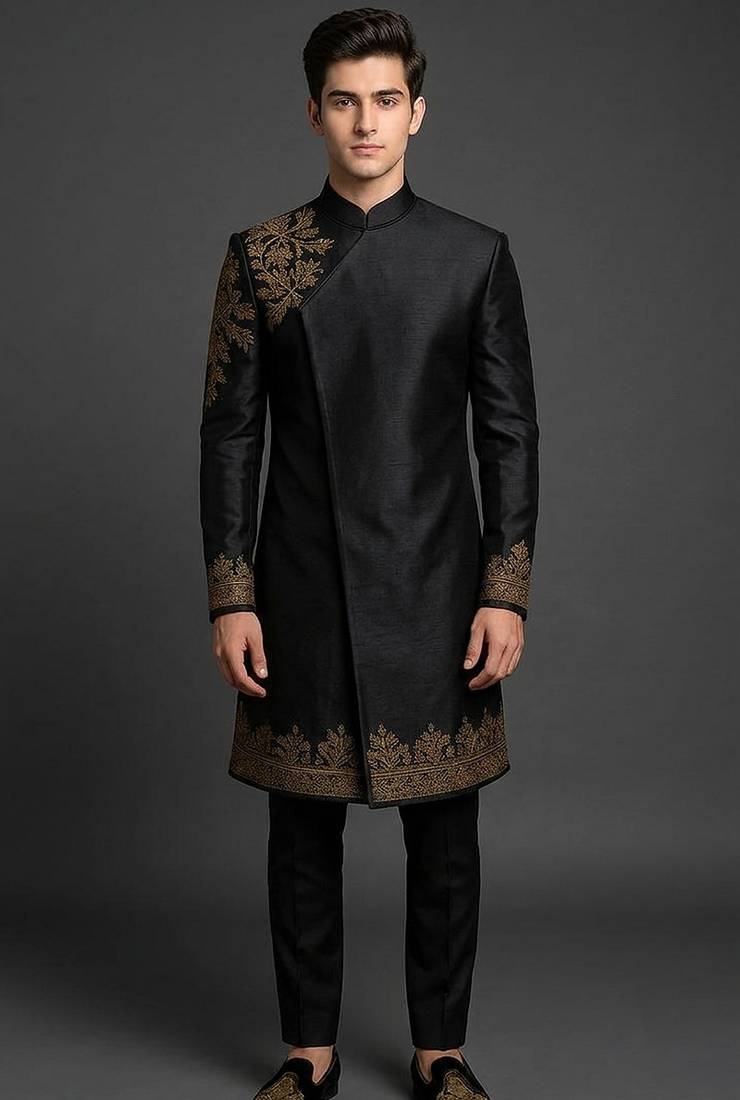 Black silk indo sherwani set for men's