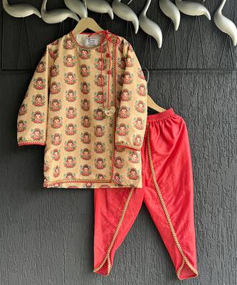 Gold printed cotton silk father son dhoti kurta combo set 2