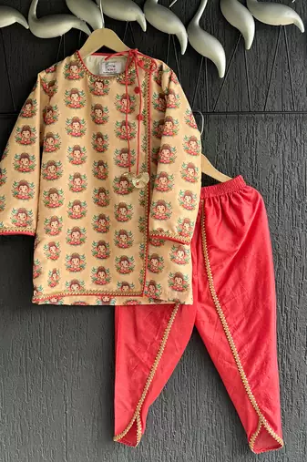 Gold printed cotton silk father son dhoti kurta combo set