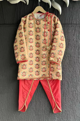Gold printed cotton silk father son dhoti kurta combo set