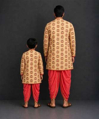 Gold printed cotton silk father son dhoti kurta combo set 4
