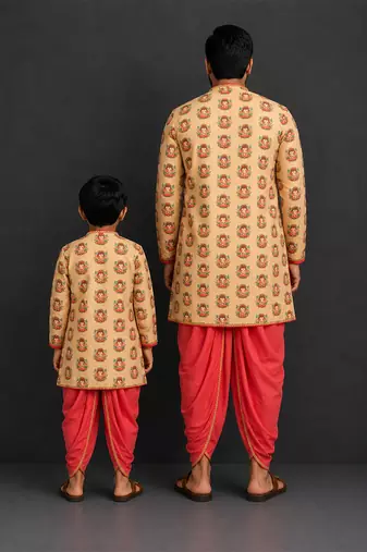 Gold printed cotton silk father son dhoti kurta combo set
