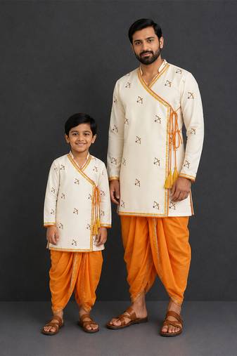 Ivory white printed cotton silk father son dhoti kurta combo set
