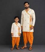 Ivory white printed cotton silk father son dhoti kurta combo set