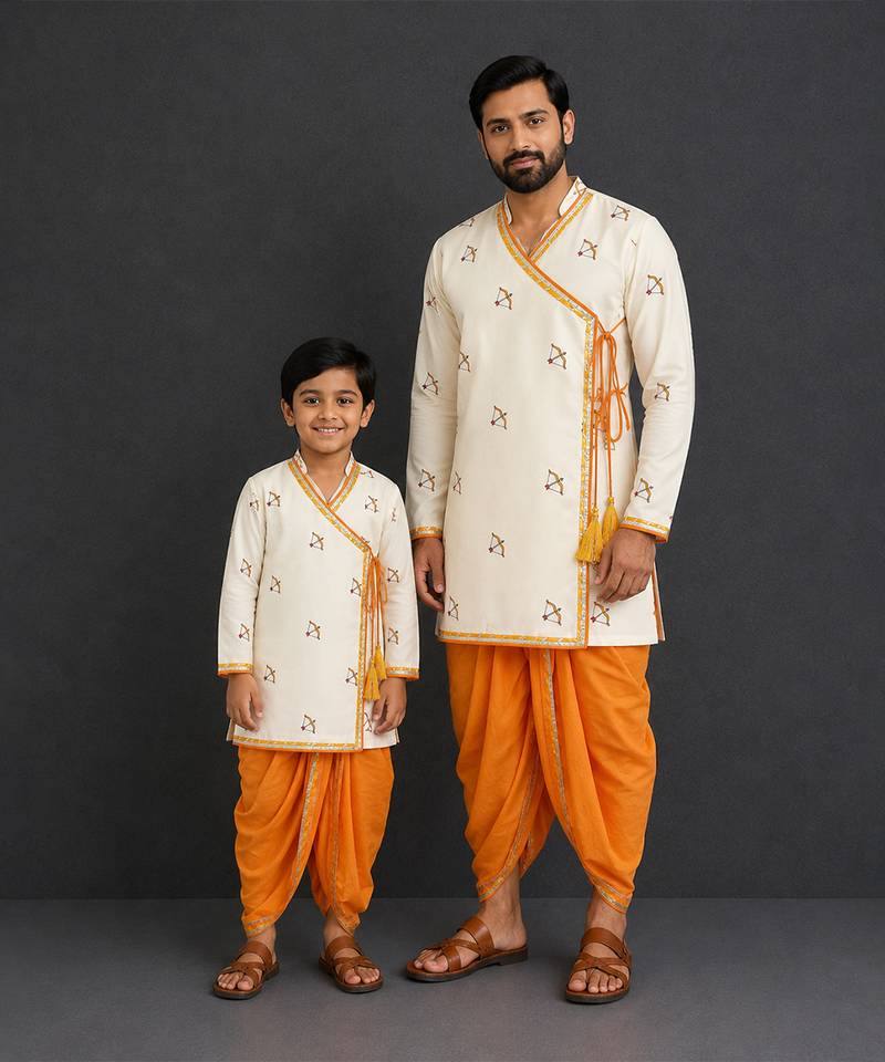 Ivory white printed cotton silk father son dhoti kurta combo set