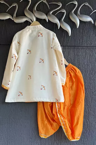 Ivory white printed cotton silk father son dhoti kurta combo set