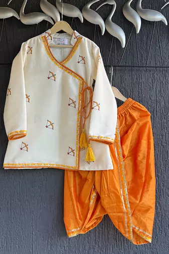 Ivory white printed cotton silk father son dhoti kurta combo set