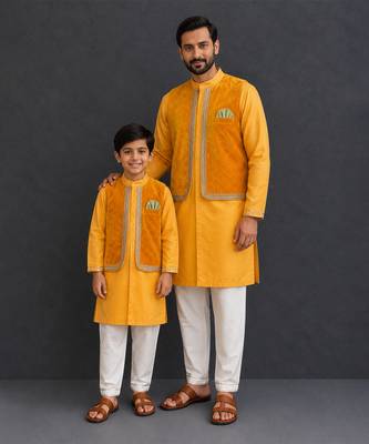 Mustard yellow woven cotton silk father son kurta combo set 1