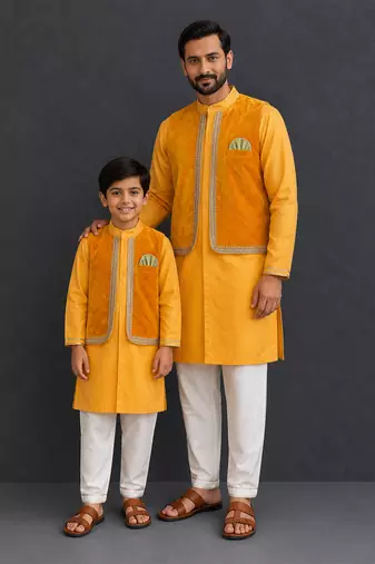 Mustard yellow woven cotton silk father son kurta combo set