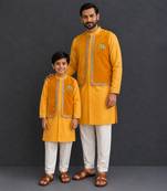 Mustard yellow woven cotton silk father son kurta combo set