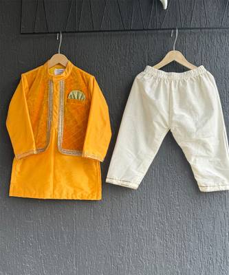 Mustard yellow woven cotton silk father son kurta combo set 2
