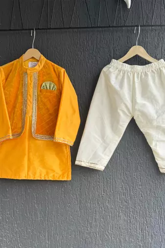 Mustard yellow woven cotton silk father son kurta combo set
