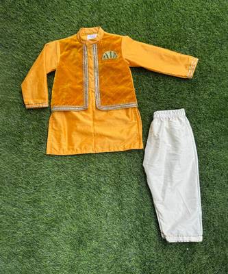 Mustard yellow woven cotton silk father son kurta combo set 3