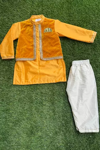 Mustard yellow woven cotton silk father son kurta combo set