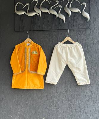 Mustard yellow woven cotton silk father son kurta combo set 4