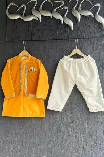 Mustard yellow woven cotton silk father son kurta combo set