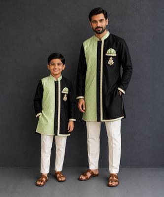 Mint green black embroidered cotton silk father son kurta combo set 1