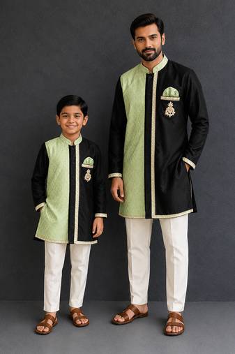 Mint green black embroidered cotton silk father son kurta combo set