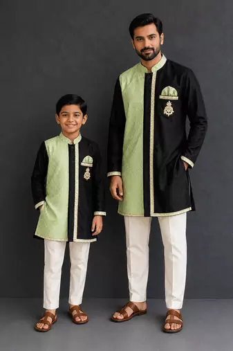 Mint green black embroidered cotton silk father son kurta combo set