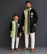 Mint green black embroidered cotton silk father son kurta combo set