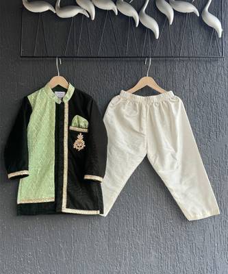 Mint green black embroidered cotton silk father son kurta combo set 2