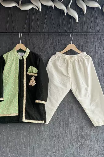 Mint green black embroidered cotton silk father son kurta combo set