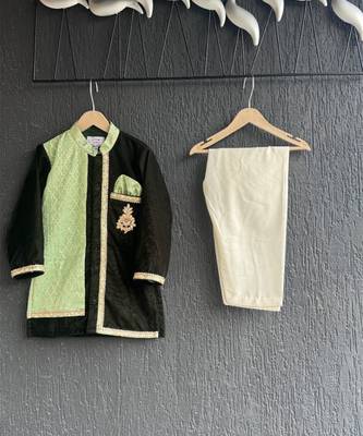 Mint green black embroidered cotton silk father son kurta combo set 3