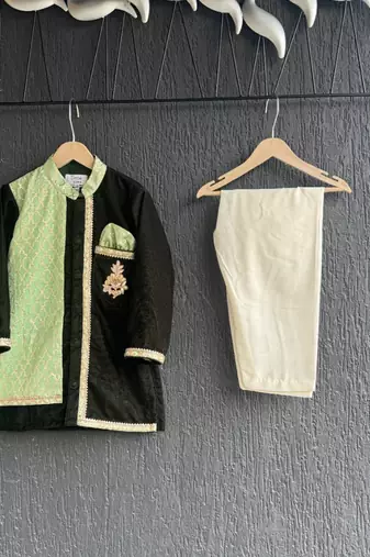 Mint green black embroidered cotton silk father son kurta combo set