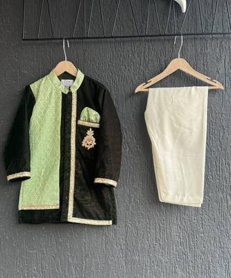 Mint green black embroidered cotton silk father son kurta combo set 4