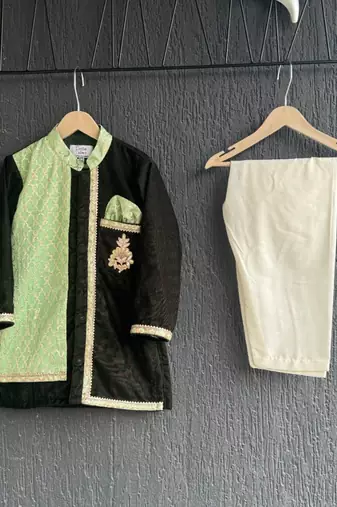 Mint green black embroidered cotton silk father son kurta combo set