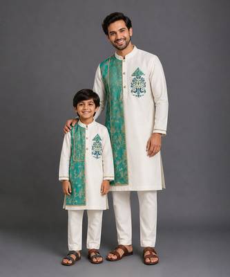 Off white teal printed cotton silk father son kurta combo set 1
