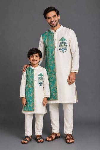 Off white teal printed cotton silk father son kurta combo set