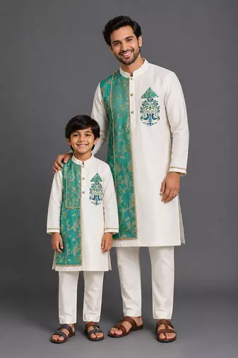Off white teal printed cotton silk father son kurta combo set