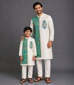 Off white teal printed cotton silk father son kurta combo set