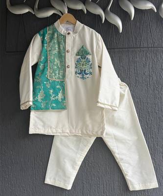 Off white teal printed cotton silk father son kurta combo set 2