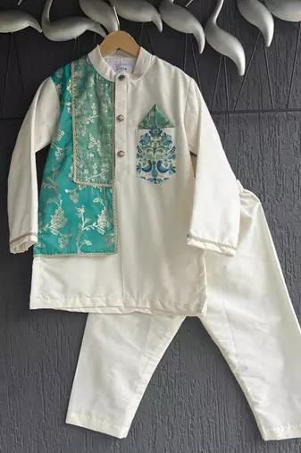 Off white teal printed cotton silk father son kurta combo set