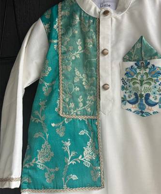 Off white teal printed cotton silk father son kurta combo set 3
