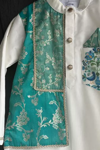 Off white teal printed cotton silk father son kurta combo set
