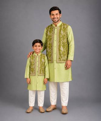 Lime green embroidered cotton silk father son kurta combo set 1
