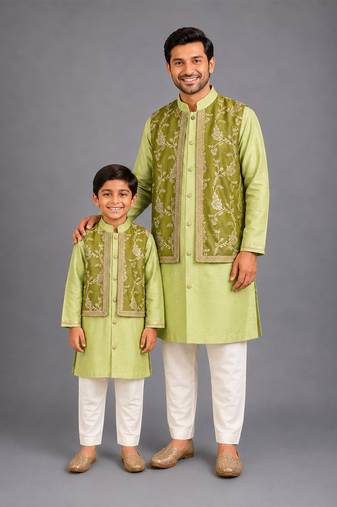 Lime green embroidered cotton silk father son kurta combo set