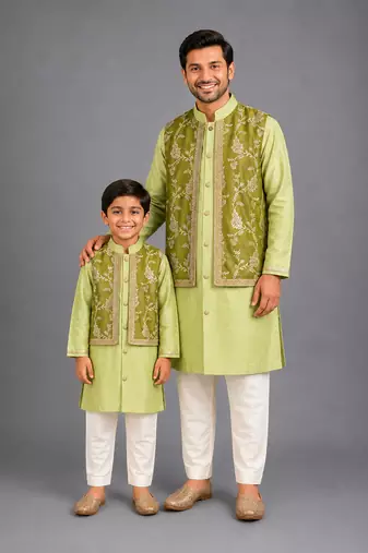 Lime green embroidered cotton silk father son kurta combo set