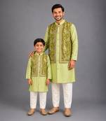 Lime green embroidered cotton silk father son kurta combo set
