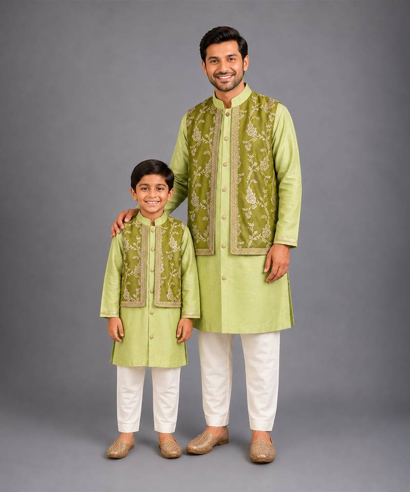 Lime green embroidered cotton silk father son kurta combo set