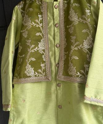 Lime green embroidered cotton silk father son kurta combo set 2