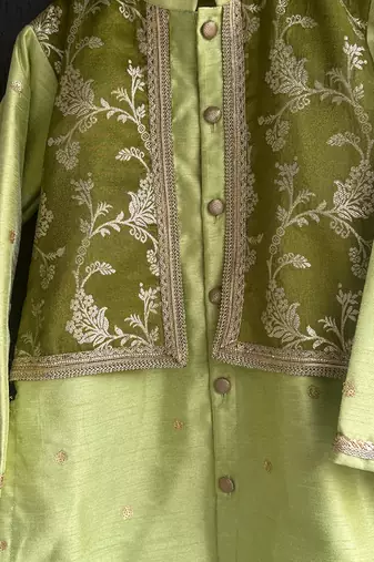 Lime green embroidered cotton silk father son kurta combo set